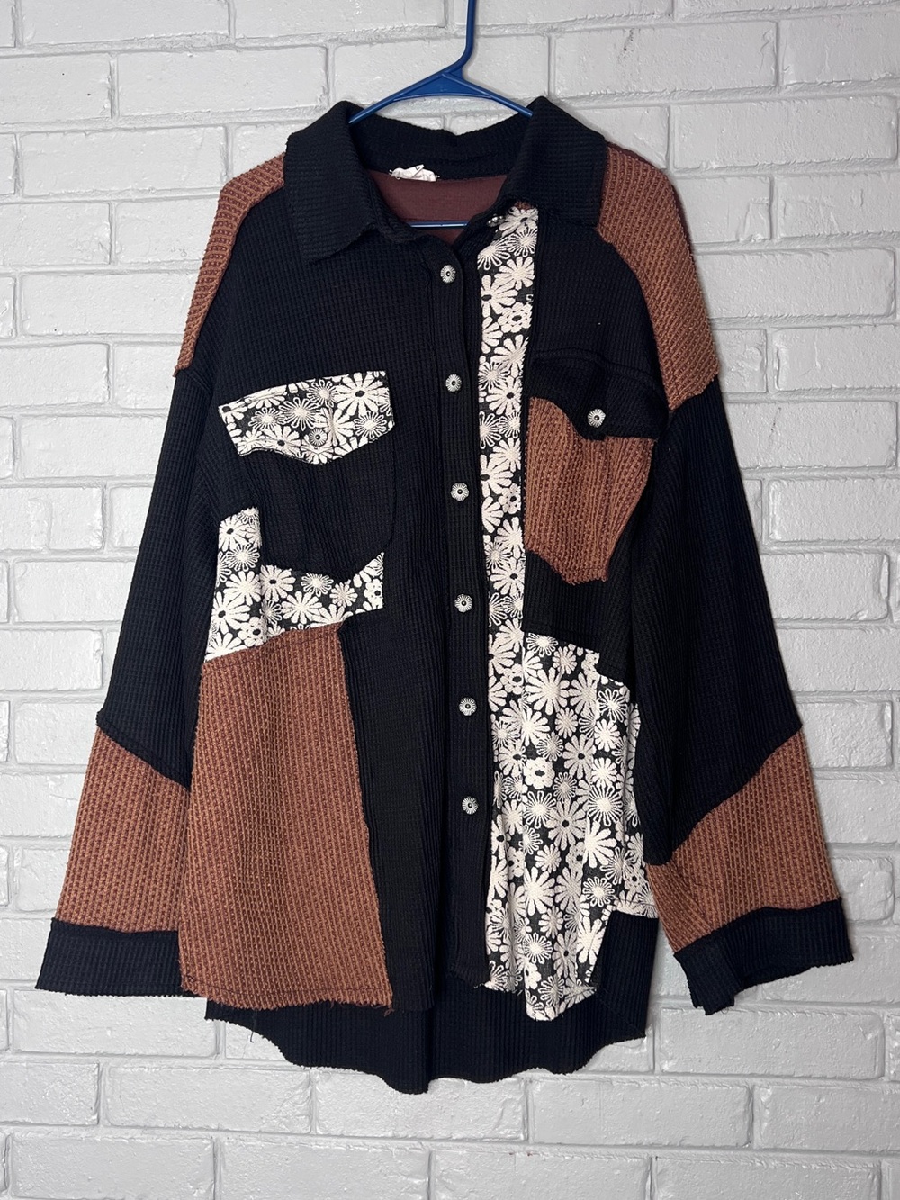POL Black & Brown Patchwork Button-Up Top with Floral Oversized Shacket- Large